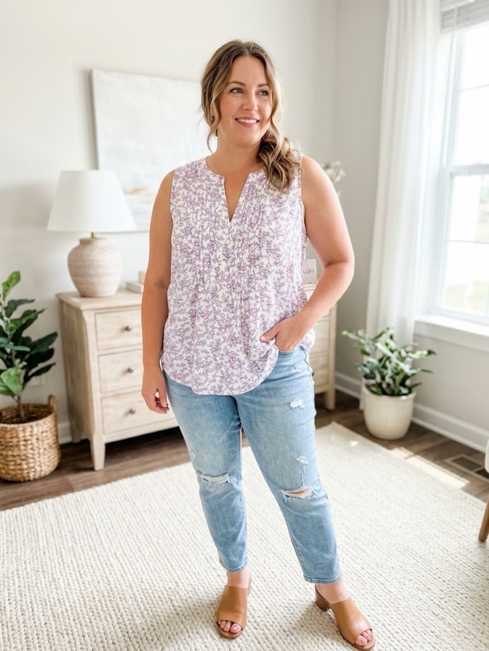 Sleeveless Lavender Floral Split-Neck Top